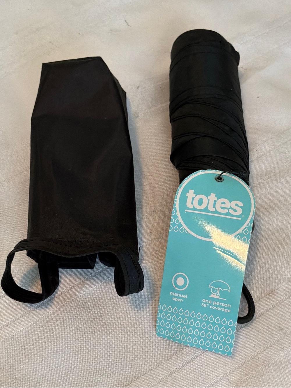 totes Black Compact Folding Umbrella with Branded Tag